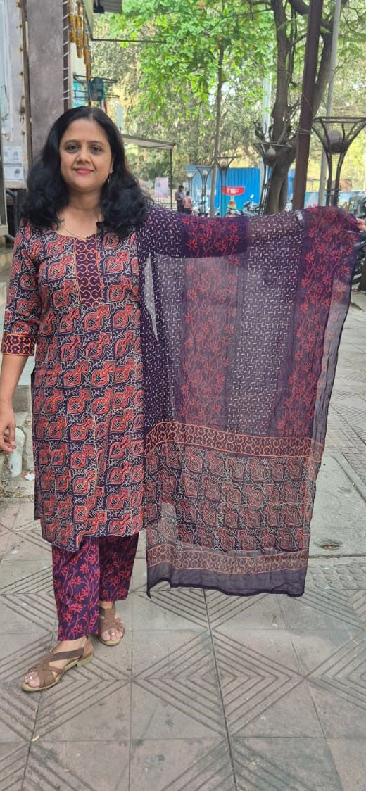 Violet Cotton Handblock Printed Full Suit With Dupatta