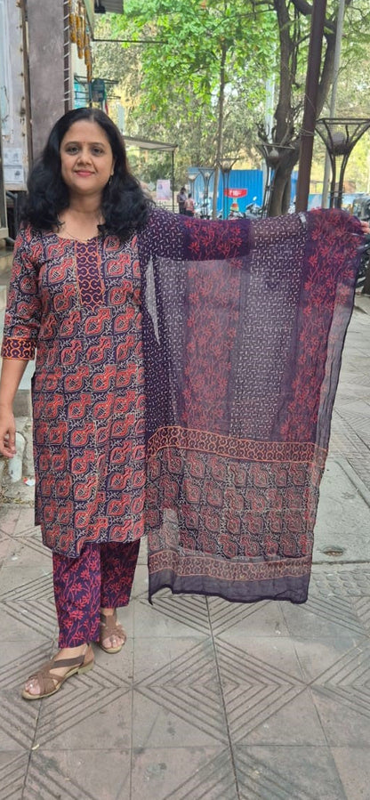 Violet Cotton Handblock Printed Full Suit With Dupatta