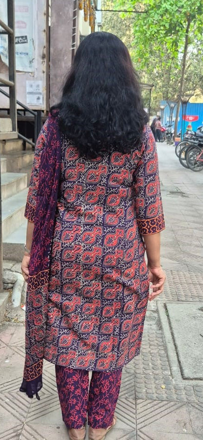 Violet Cotton Handblock Printed Full Suit With Dupatta