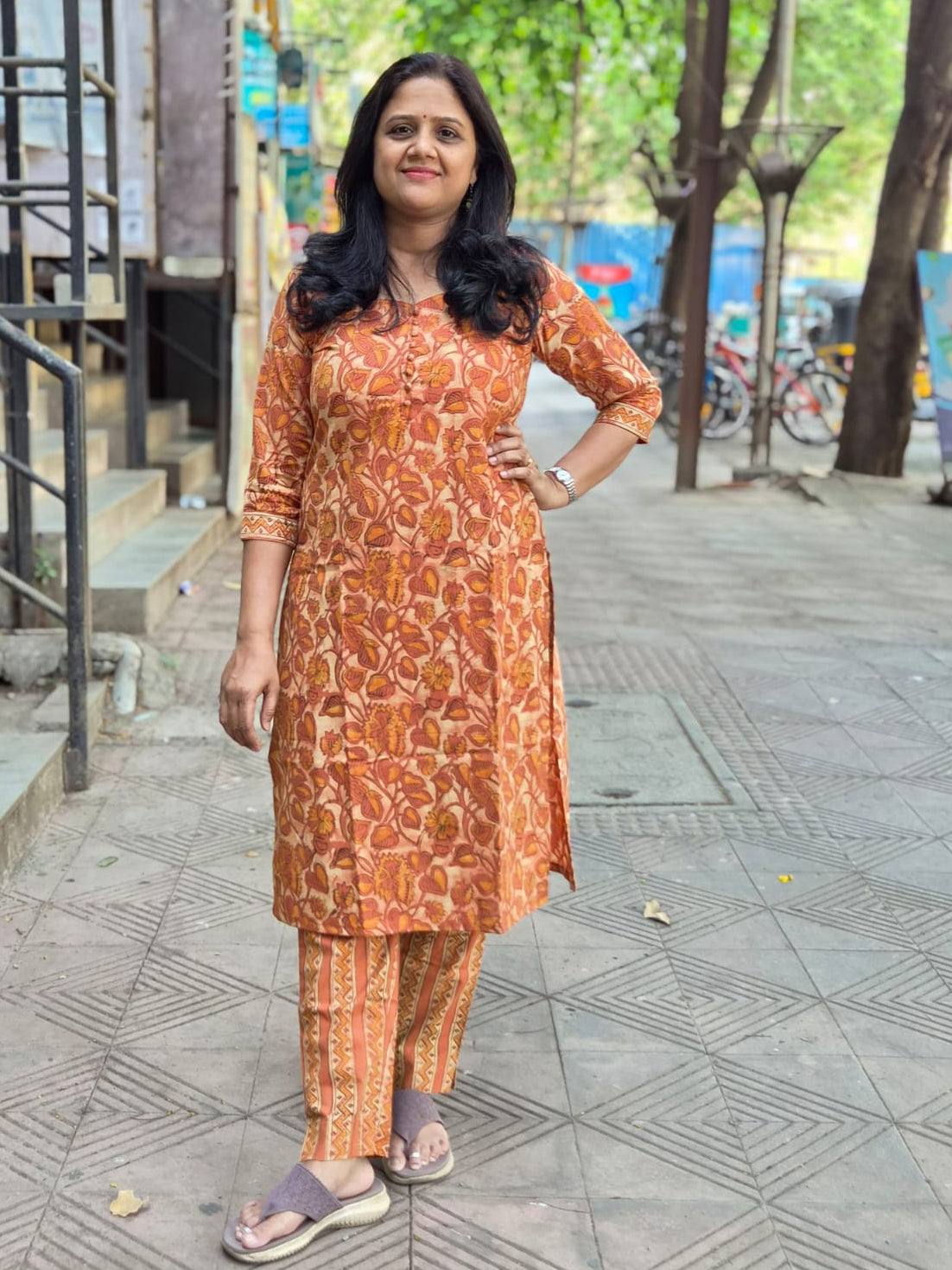 Orange Pure Cotton Vanaspati Ajrakh Printed Kurta with Pant