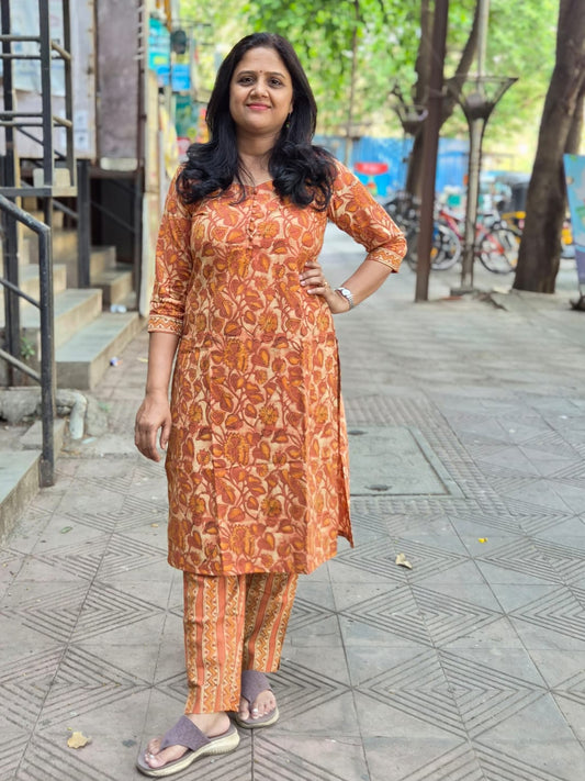 Orange Pure Cotton Vanaspati Ajrakh Printed Kurta with Pant