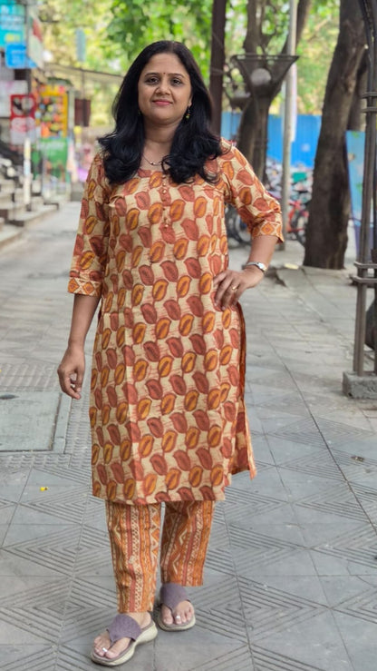 Orange Pure Cotton Vanaspati Ajrakh Printed Kurta with Pant