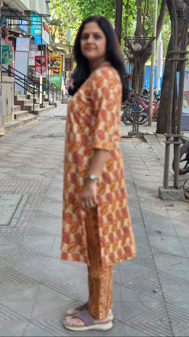 Orange Pure Cotton Vanaspati Ajrakh Printed Kurta with Pant