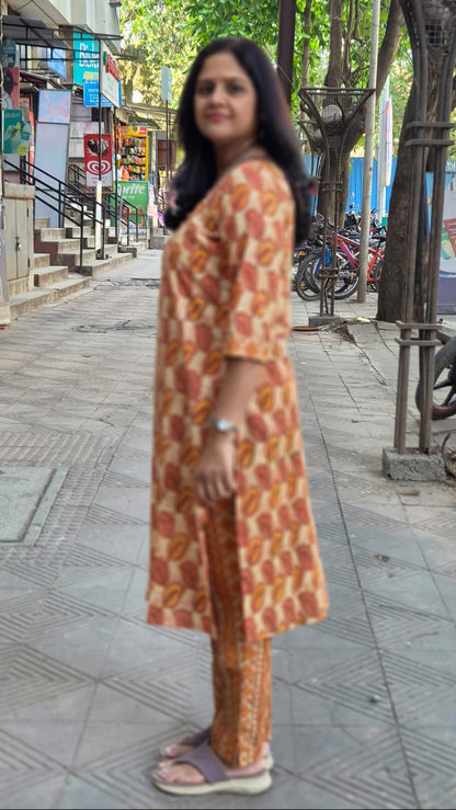 Orange Pure Cotton Vanaspati Ajrakh Printed Kurta with Pant