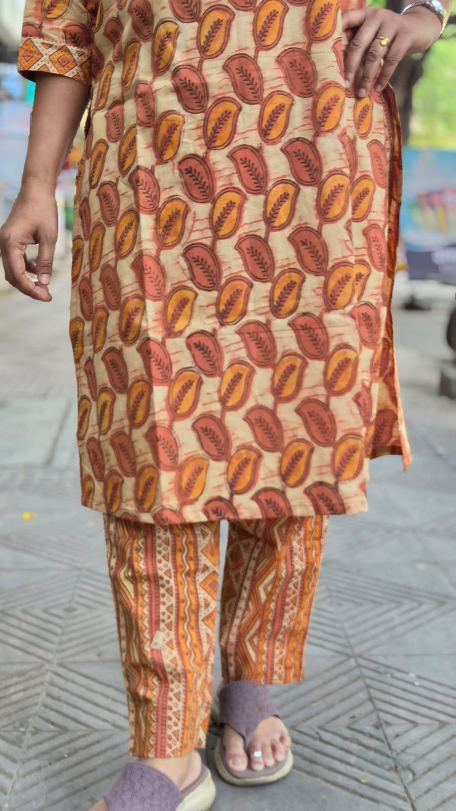 Orange Pure Cotton Vanaspati Ajrakh Printed Kurta with Pant