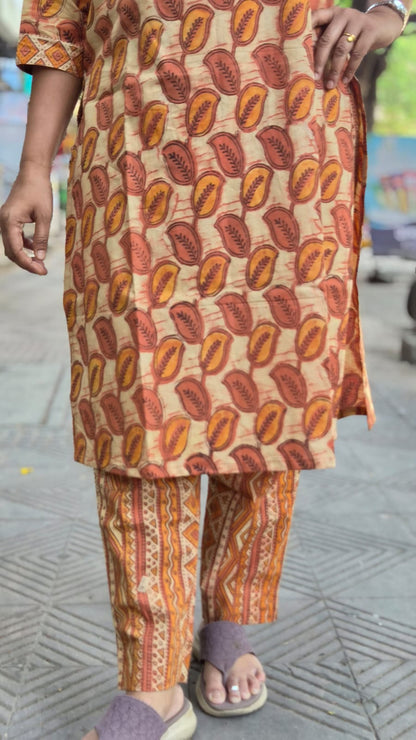 Orange Pure Cotton Vanaspati Ajrakh Printed Kurta with Pant