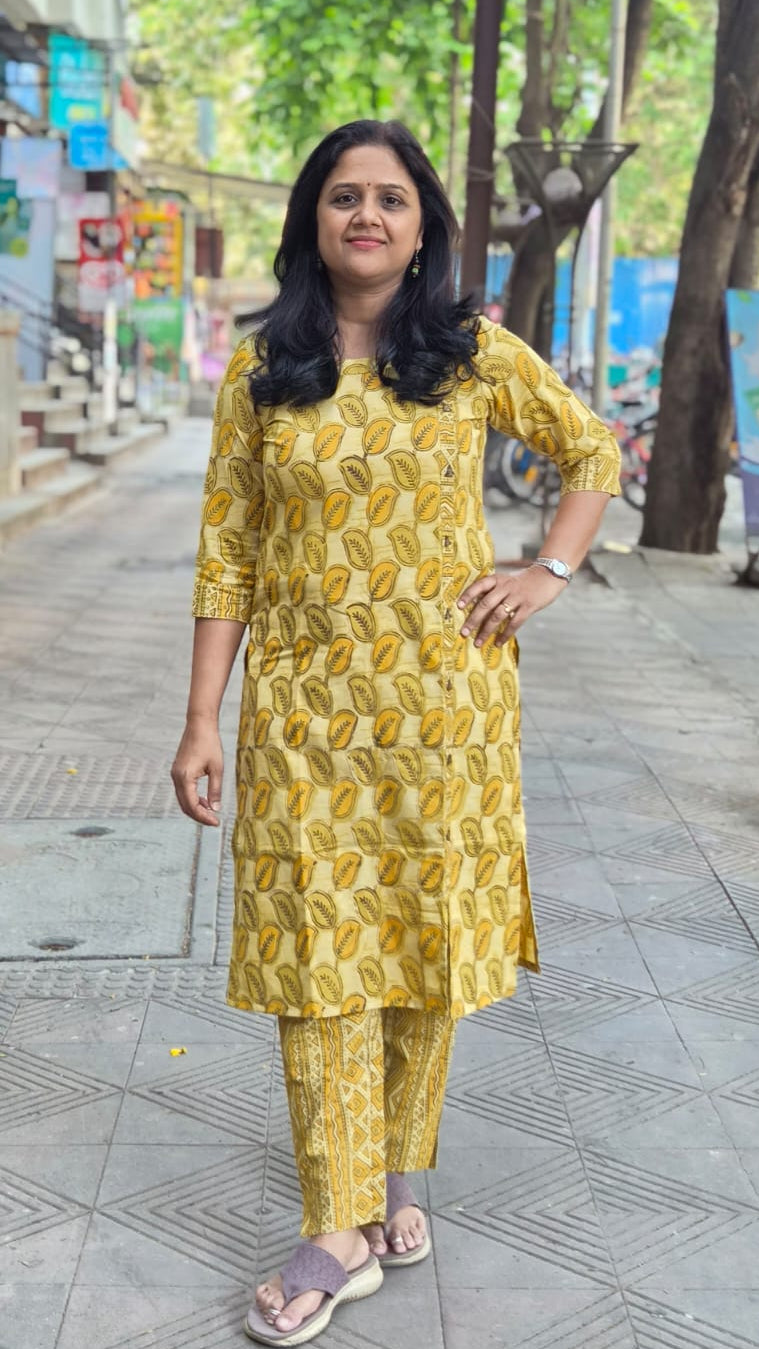 Mustard Yellow Pure Cotton Vanaspati Ajrakh Printed Kurta with Pant