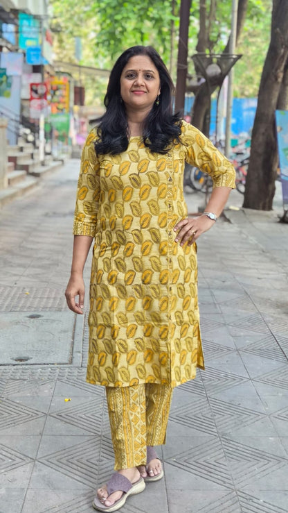 Mustard Yellow Pure Cotton Vanaspati Ajrakh Printed Kurta with Pant