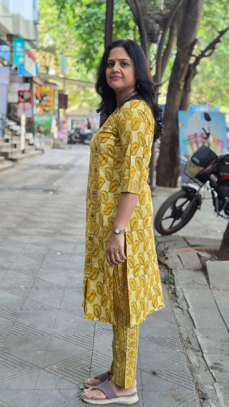 Mustard Yellow Pure Cotton Vanaspati Ajrakh Printed Kurta with Pant