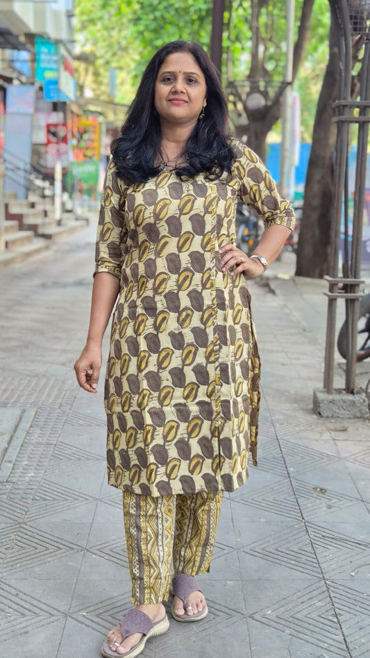 Brown Pure Cotton Vanaspati Ajrakh Printed Kurta with Pant