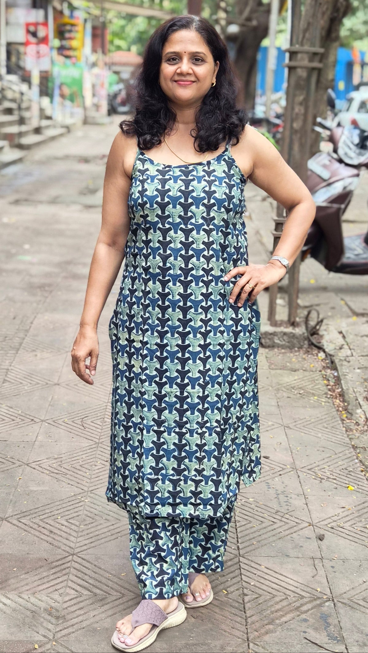 Green Block printed spaghetti kurta with pant
