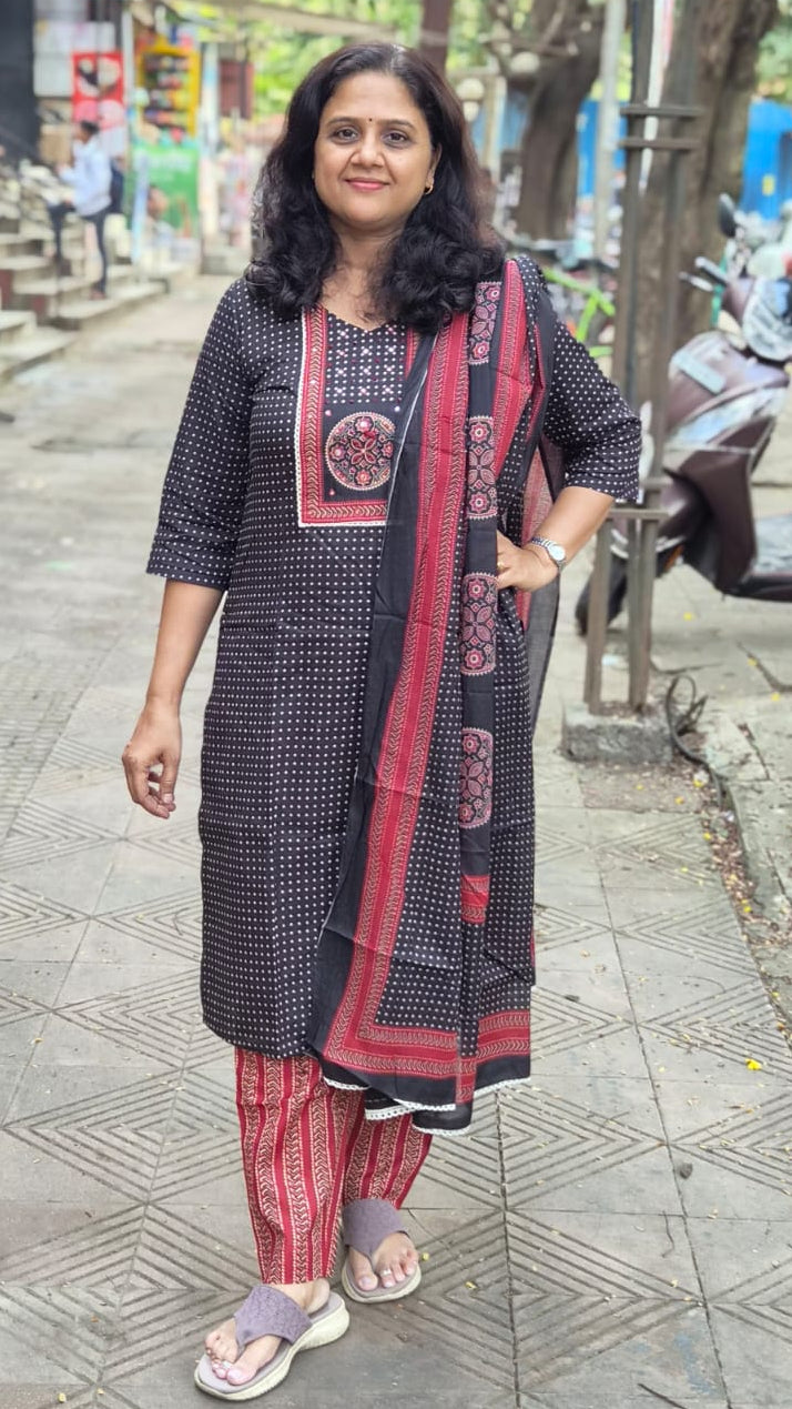 Black Pure Cotton Printed Full Suit With Dupatta