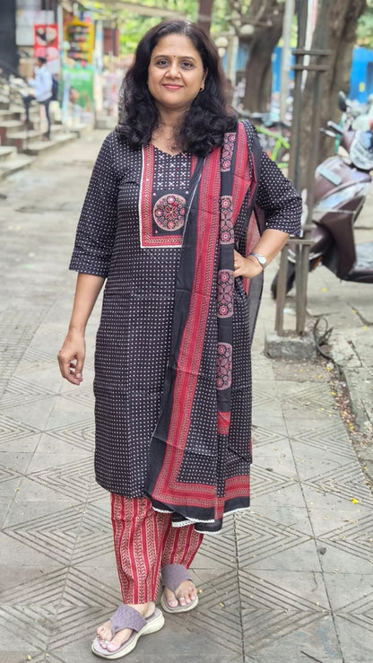 Black Pure Cotton Printed Full Suit With Dupatta