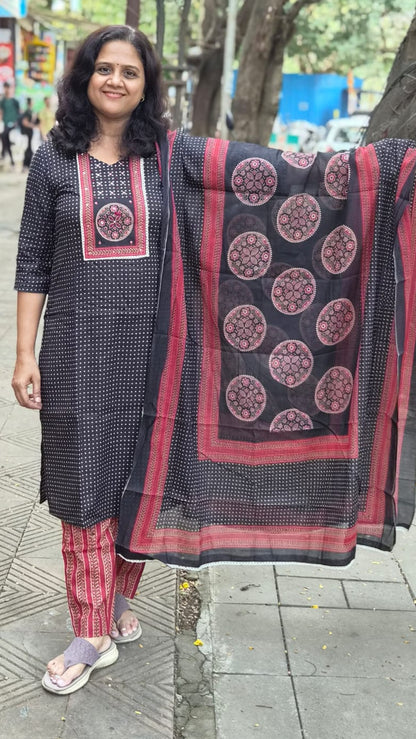 Black Pure Cotton Printed Full Suit With Dupatta