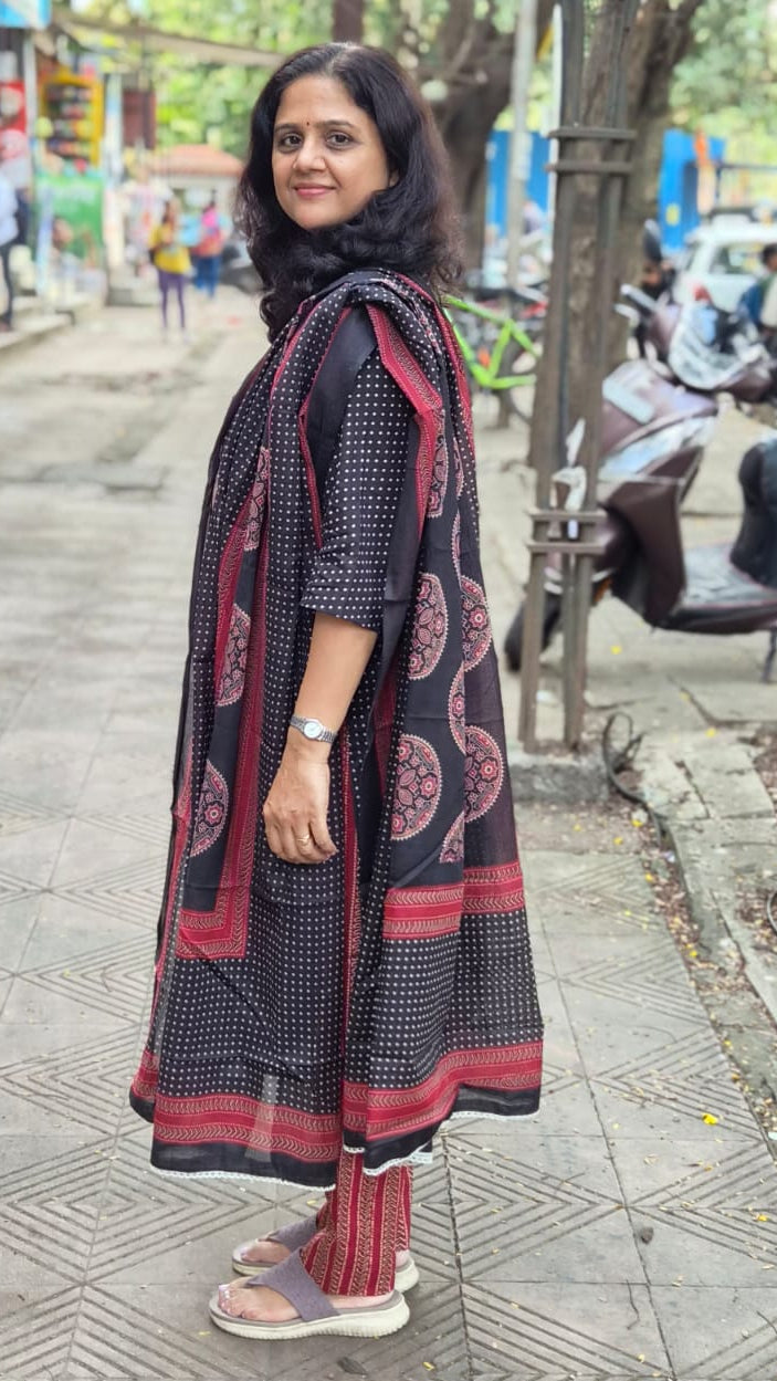 Black Pure Cotton Printed Full Suit With Dupatta