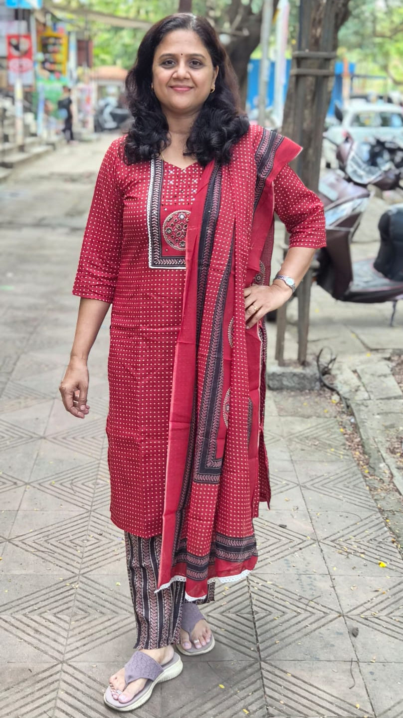 Maroon Pure Cotton Printed Full Suit With Dupatta