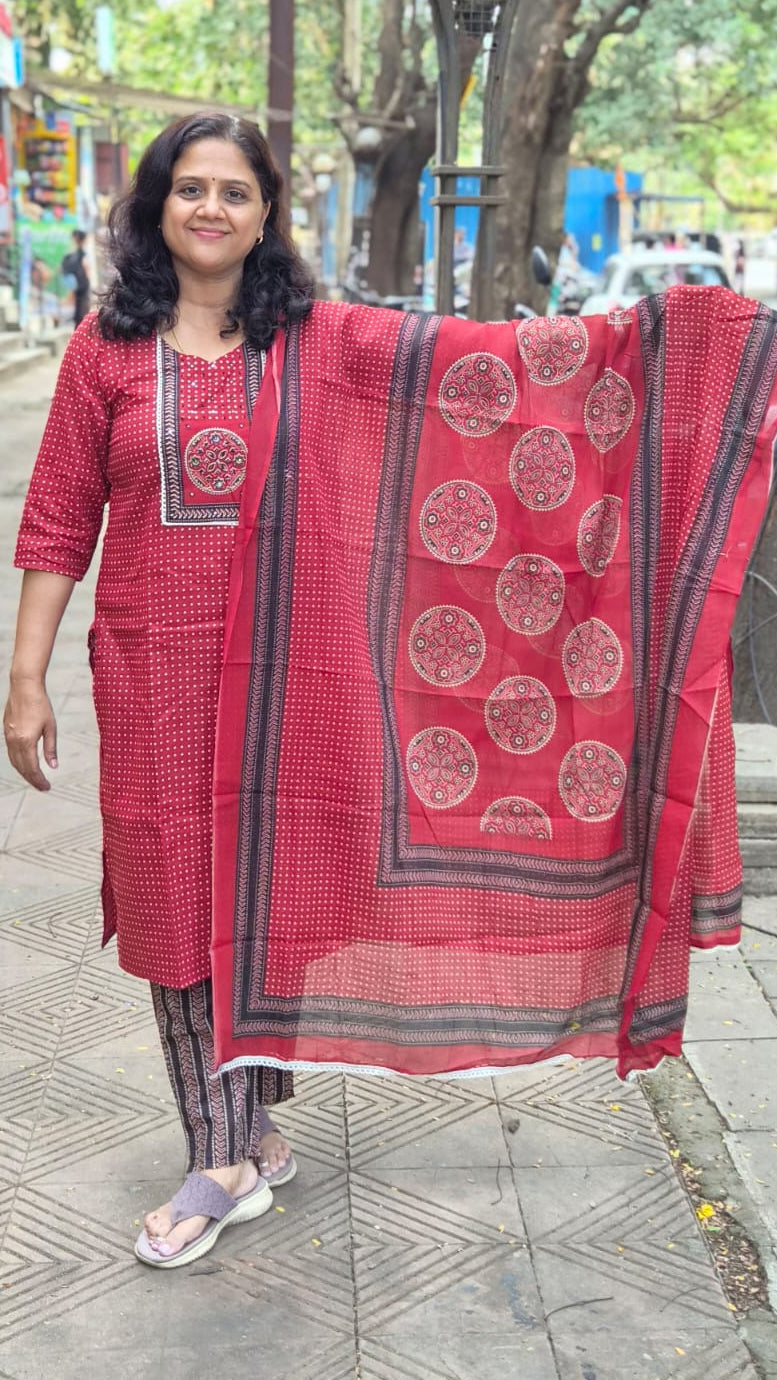 Maroon Pure Cotton Printed Full Suit With Dupatta