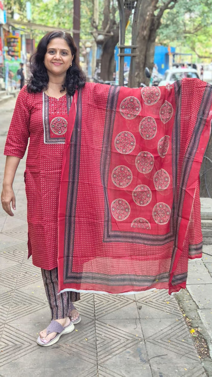 Maroon Pure Cotton Printed Full Suit With Dupatta