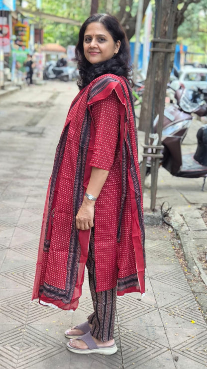 Maroon Pure Cotton Printed Full Suit With Dupatta