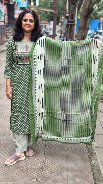 Green Pure Cotton Printed Full Suit With Dupatta