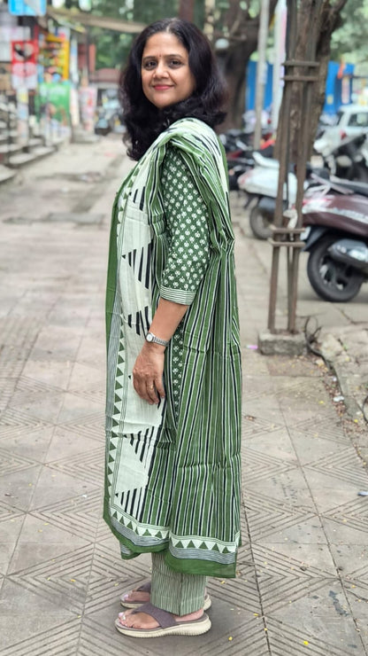 Green Pure Cotton Printed Full Suit With Dupatta