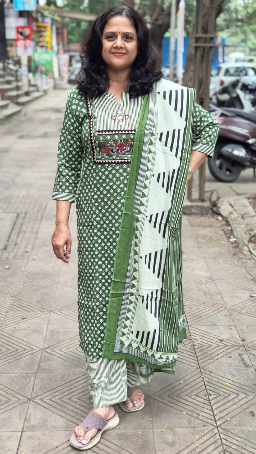 Green Pure Cotton Printed Full Suit With Dupatta
