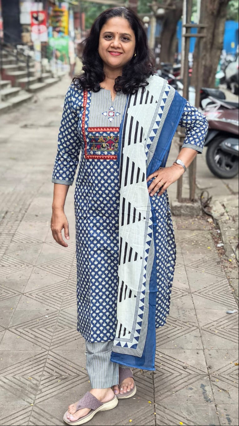 Blue Pure Cotton Printed Full Suit With Dupatta