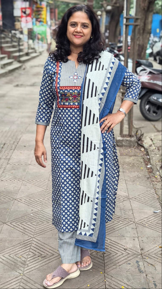 Blue Pure Cotton Printed Full Suit With Dupatta
