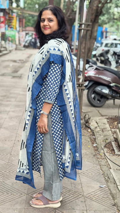 Blue Pure Cotton Printed Full Suit With Dupatta