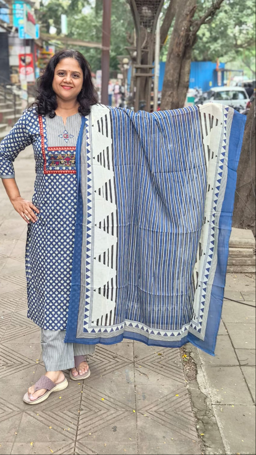 Blue Pure Cotton Printed Full Suit With Dupatta