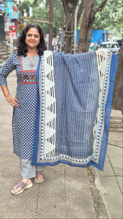 Blue Pure Cotton Printed Full Suit With Dupatta