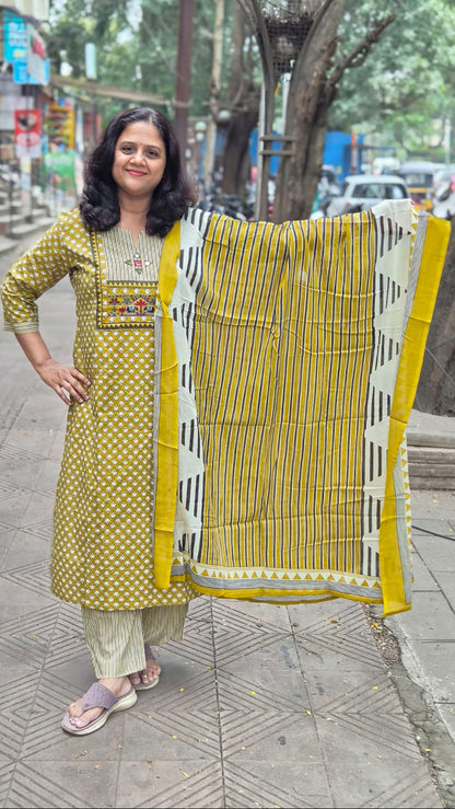 Mustard Yellow Pure Cotton Printed Full Suit With Dupatta