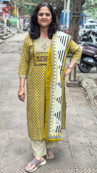 Mustard Yellow Pure Cotton Printed Full Suit With Dupatta