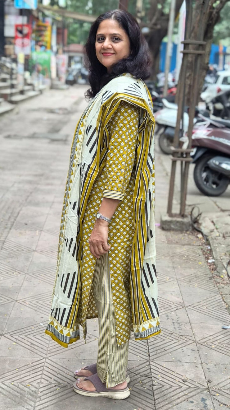 Mustard Yellow Pure Cotton Printed Full Suit With Dupatta