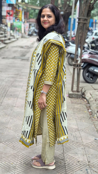 Mustard Yellow Pure Cotton Printed Full Suit With Dupatta