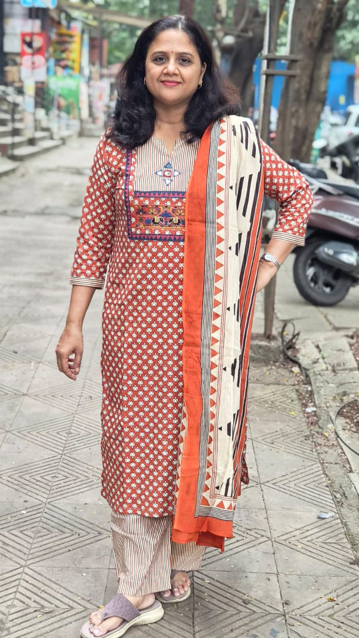 Orange Pure Cotton Printed Full Suit With Dupatta