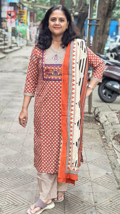 Orange Pure Cotton Printed Full Suit With Dupatta