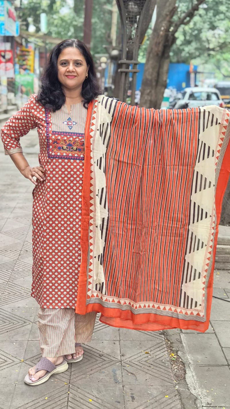 Orange Pure Cotton Printed Full Suit With Dupatta