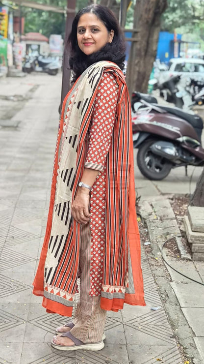 Orange Pure Cotton Printed Full Suit With Dupatta