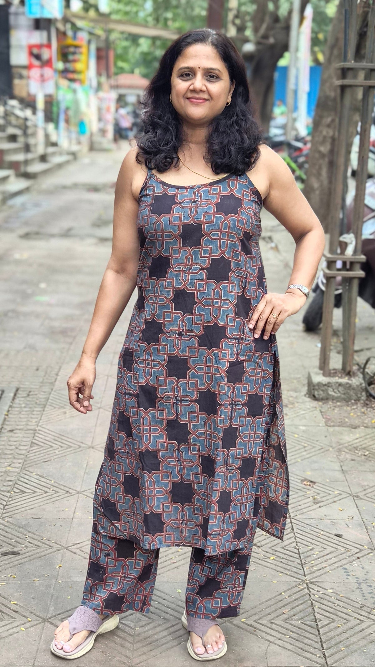 Black Block printed spaghetti kurta with pant