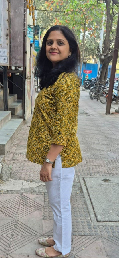 Mustard Yellow Cotton Ajrakh Short Top