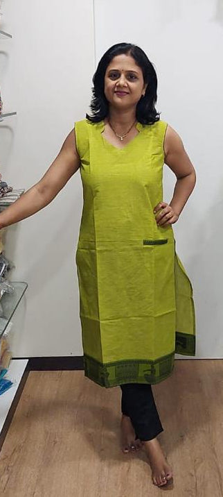 Parrot Green Handloom Cotton Sleeveless Kurta