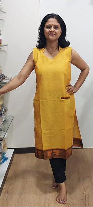 Mustard Yellow Handloom Cotton Sleeveless Kurta