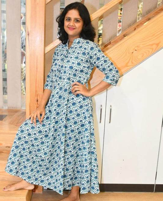 Green Pure Cotton Printed Long One Piece