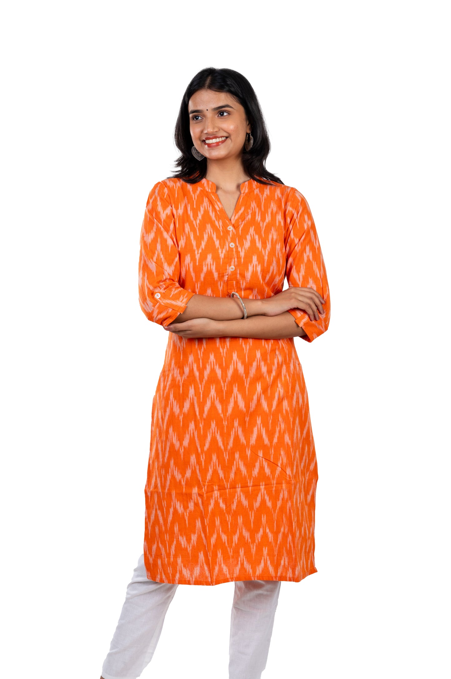 Orange Pure Cotton Ikkat Kurta