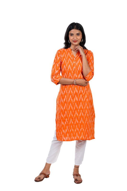 Orange Pure Cotton Ikkat Kurta