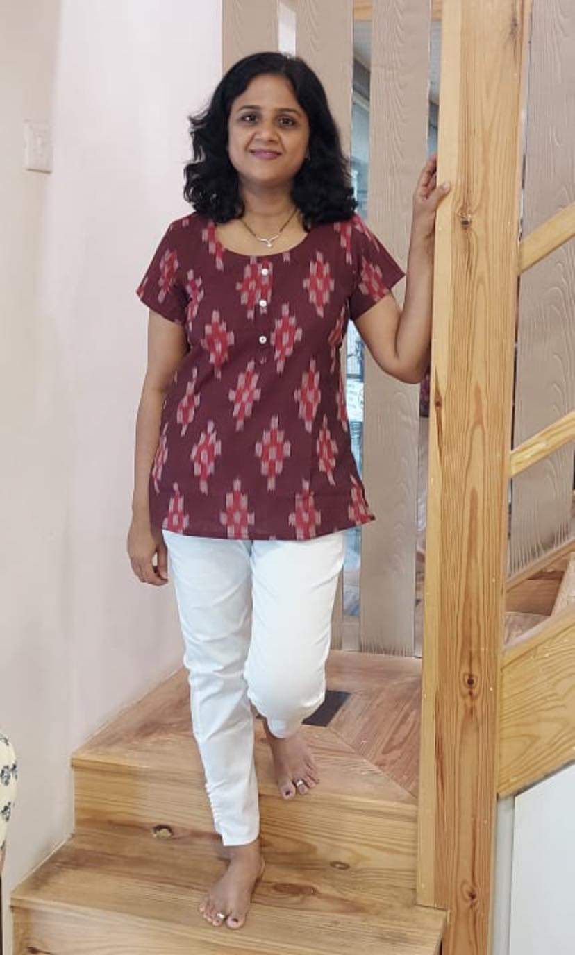Maroon Cotton Ikkat Short Top
