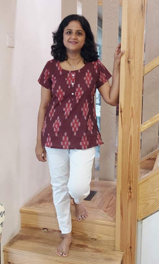 Maroon Cotton Ikkat Short Top