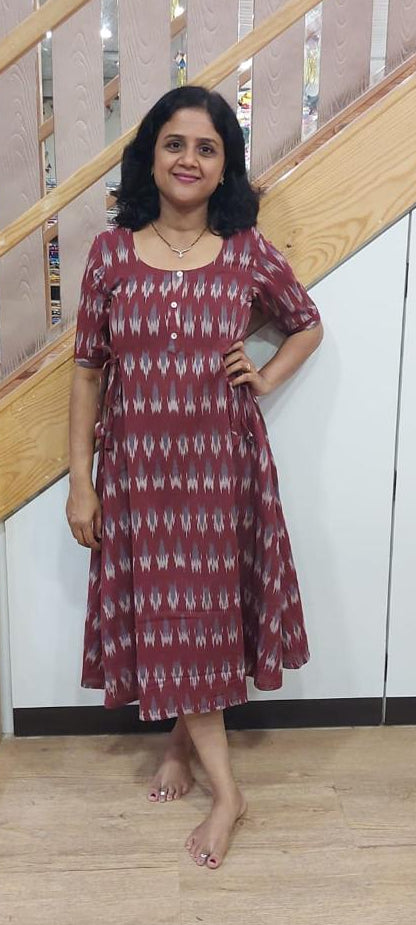Brown Ikkat Knee Length One Piece