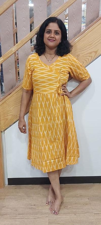 Mango Yellow Ikkat Knee Length One Piece